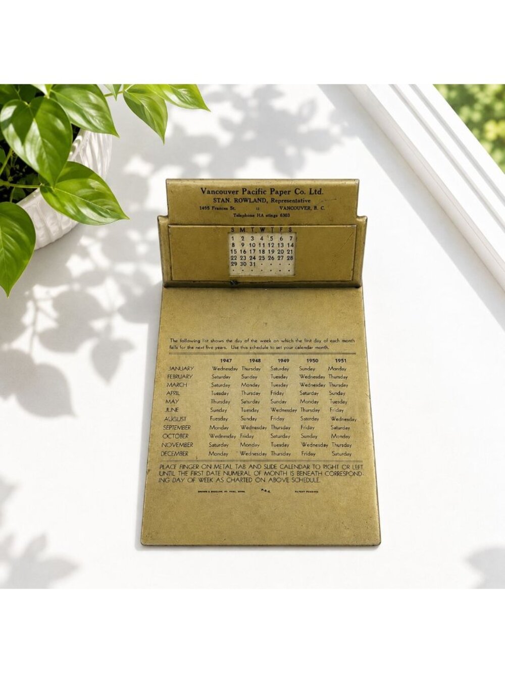 Vintage 1947-1951 Perpetual Calendar Vancouver Pacific Paper Co. Brass Metal Off